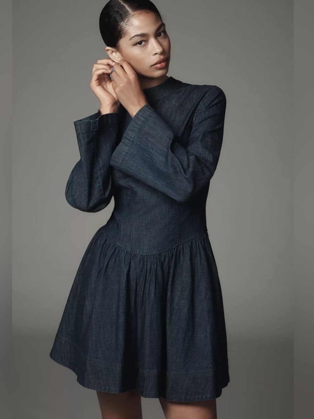 NWT Anthropologie Porridge Bell Sleeve Denim Drop-Waist Mini Dress Medium
